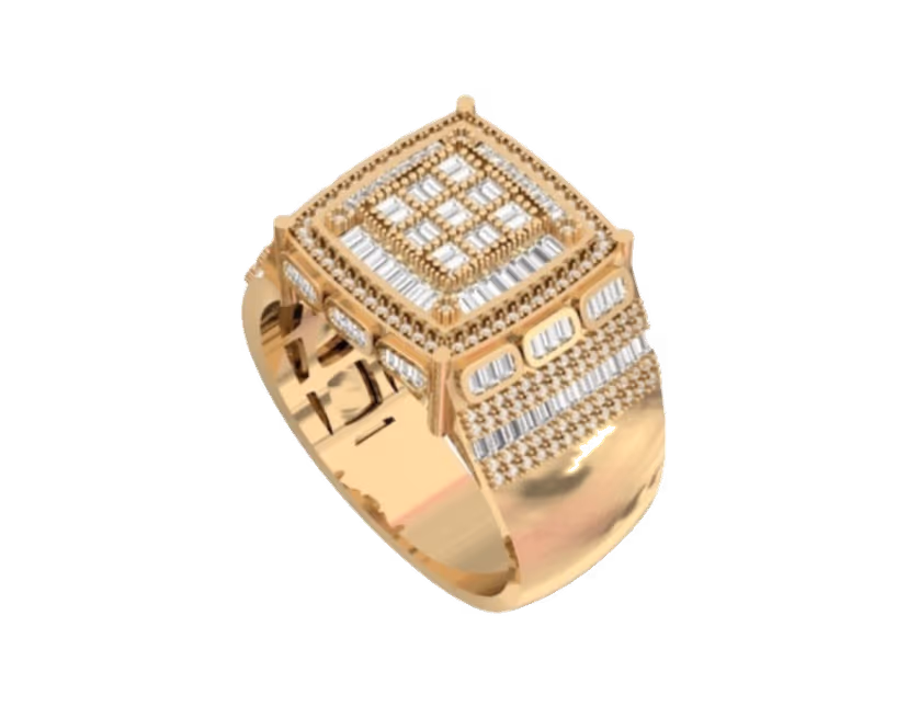 Square baguette-grid face with cascading baguette and pavé shoulder rows.