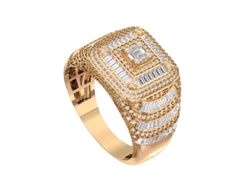 Tiered cushion baguette face cradled by rolling pavé side rows.