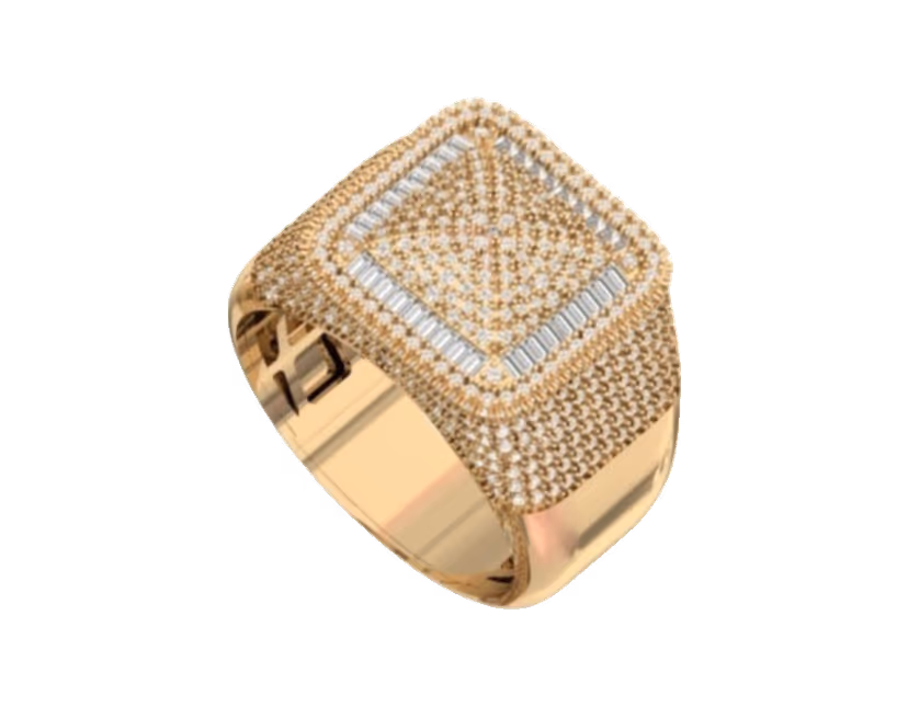 Square step-pyramid pavé face above broad fully-pavé shoulders.
