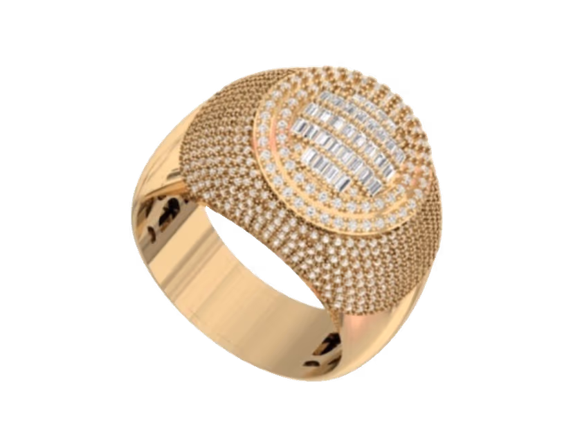Oval cocktail face with a baguette stripe core and a dense pavé surround.