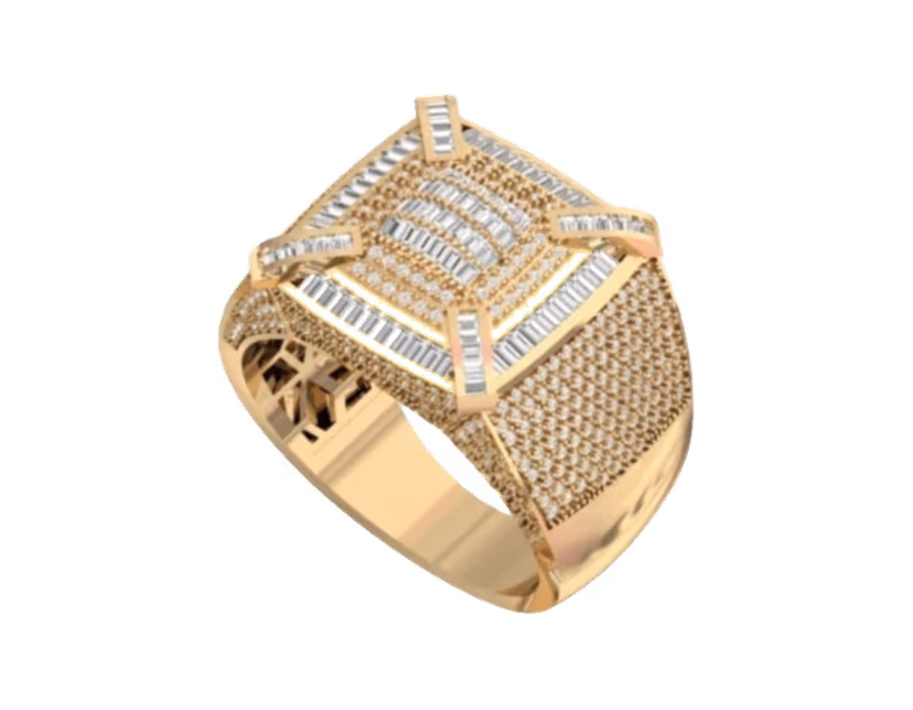 Square cushion baguette face with sweeping pavé side panels and crown corners.