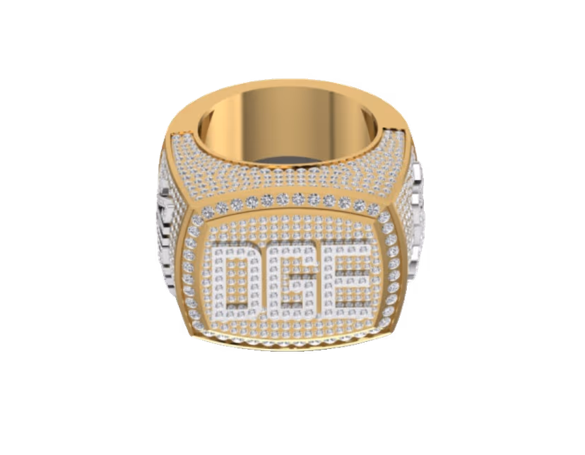 Bold iced DGE block-letter signet on a fully pavé championship setting.