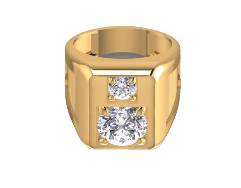 Two-stone bezel ring pairing a large round and a smaller accent stone in heavy gold.