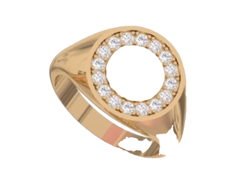 Minimalist pavé halo signet with an engravable polished gold centre disc.