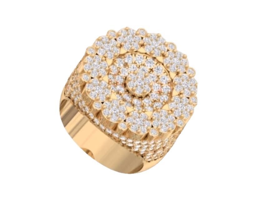 Domed flower-cluster face with stacked pavé floral halos.