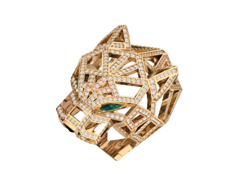 Skeletonized panther head ring with a pavé lattice cage and emerald eye accents.
