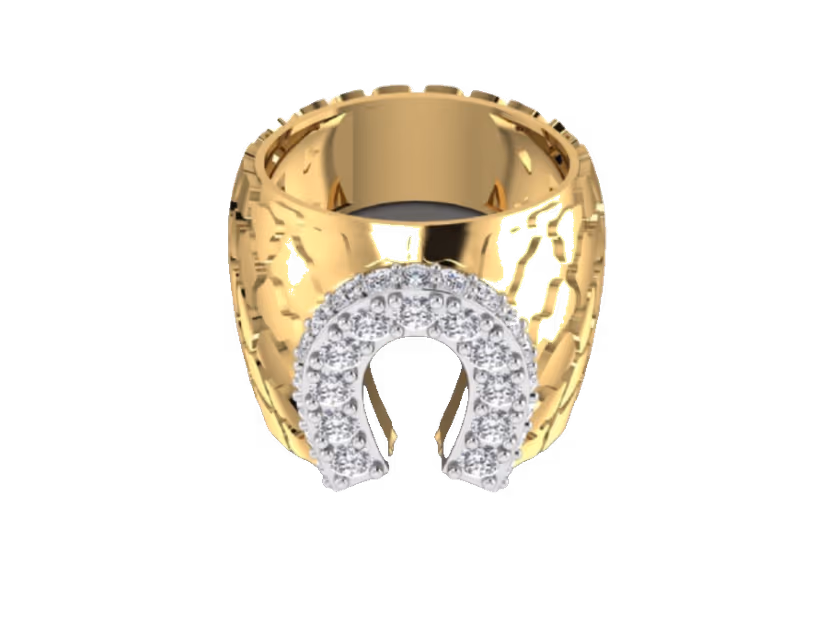 Open horseshoe pavé motif set on a hammered gold band.