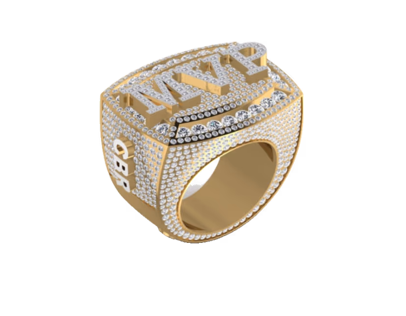 Championship MMVI signet with dense baguette panels and ribbon-edge detail.