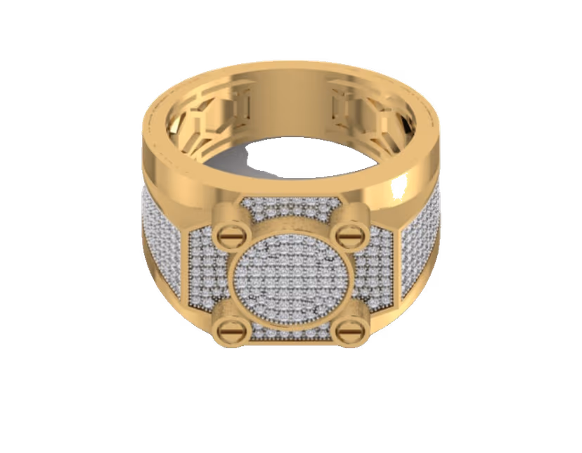 Pavé eternity with a central oval pavé disc and screw-rivet corner detail.