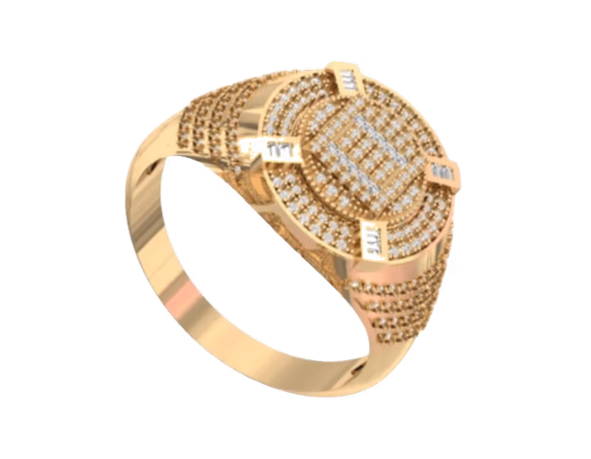 Round pavé face with corner baguette accents on tapered pavé shoulders.