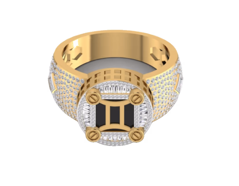 Cartier-style screw-set rectangular face with a centre baguette-and-onyx panel.