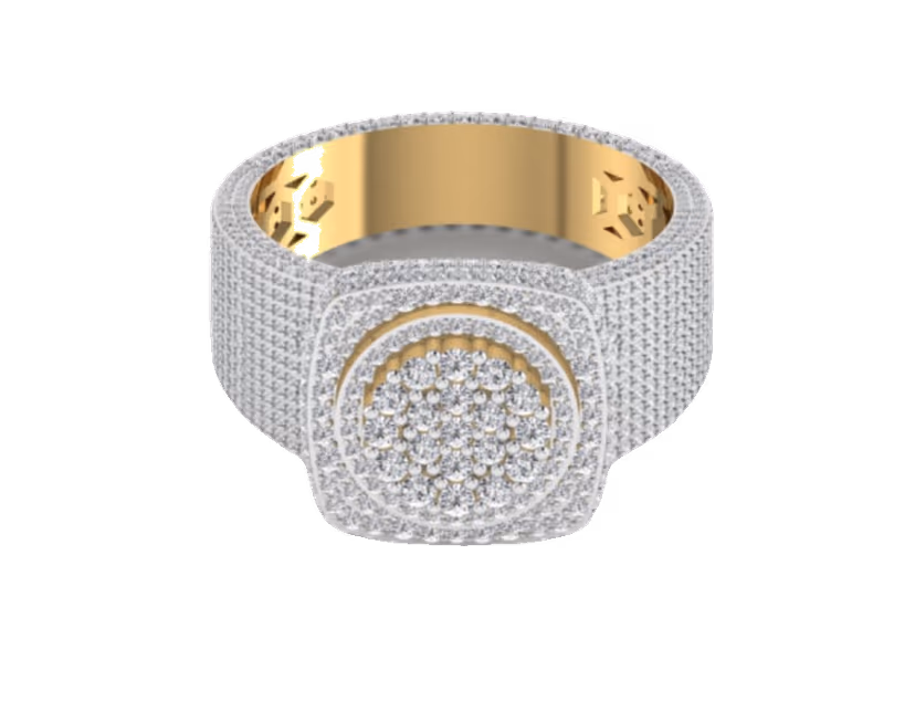 Wide pavé eternity with a raised cushion pavé centre and openwork inner shank.