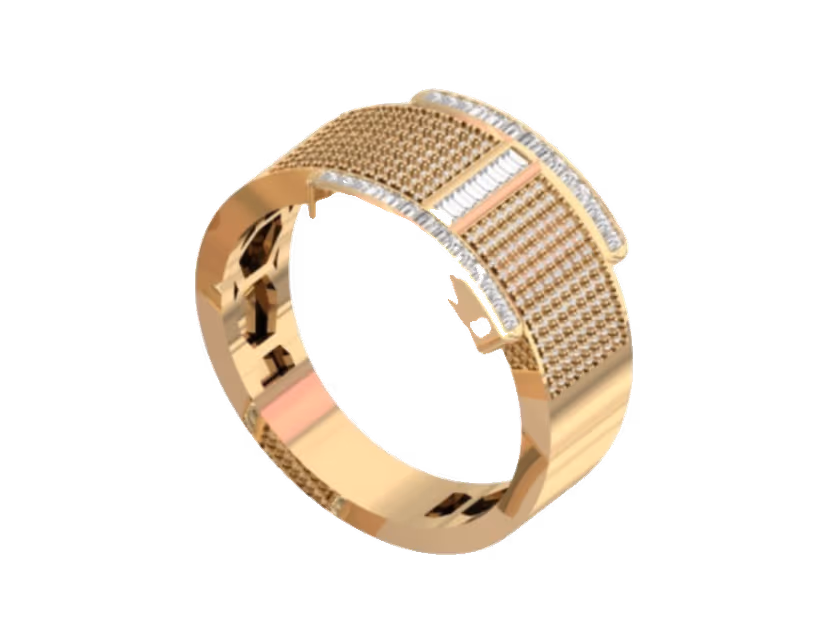 Slim pavé band with a central baguette-and-pavé bordered plaque.