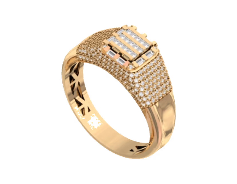 Pavé cushion top with a baguette grid centre and triangular openwork sides.