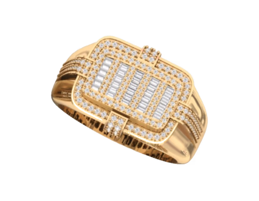 Rectangular cushion baguette-grid signet with rope-edge milgrain framing.