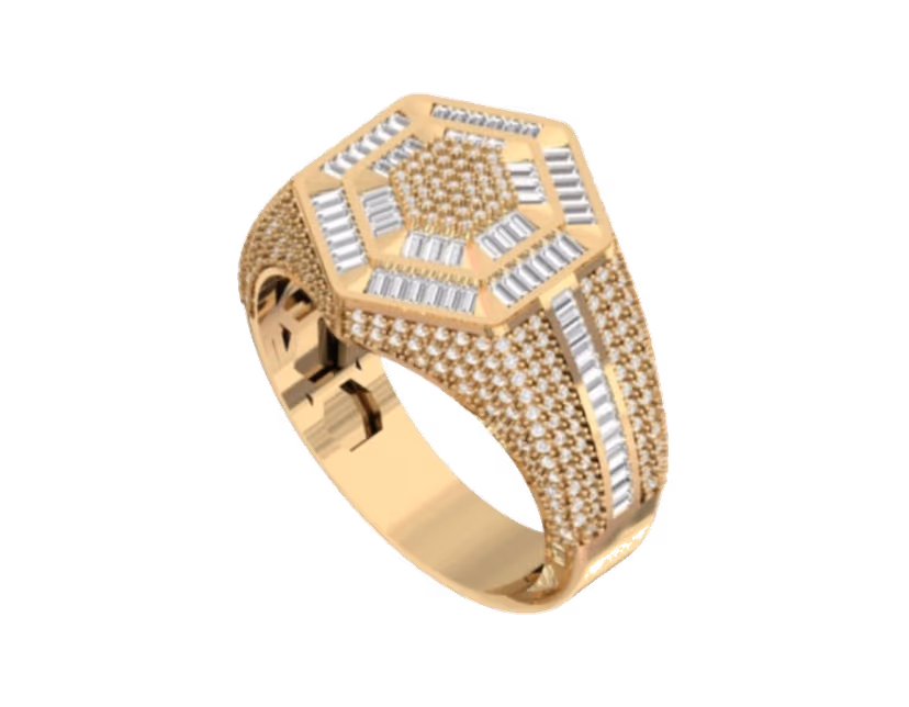 Hexagonal baguette burst face with dense pavé taper-down shoulders.