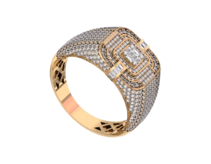 Layered emerald-cut baguette centre on a wide pavé halo dome.