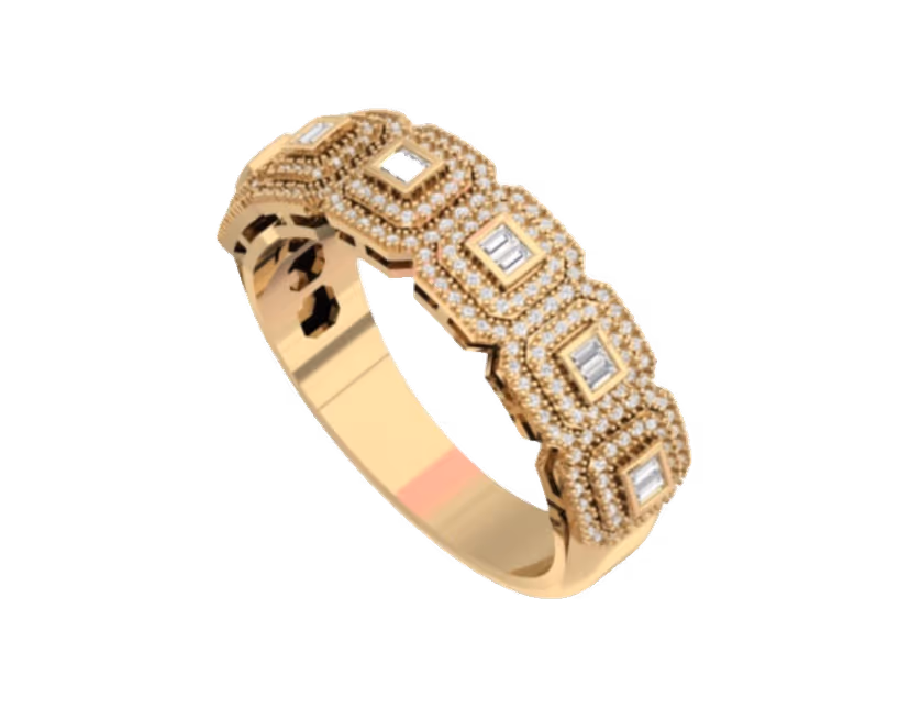 Five-square eternity band with bezel-set baguettes inside pavé frames.