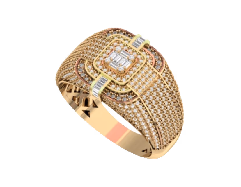 Stacked square baguette centre with mixed-tone halos and a pavé surround.