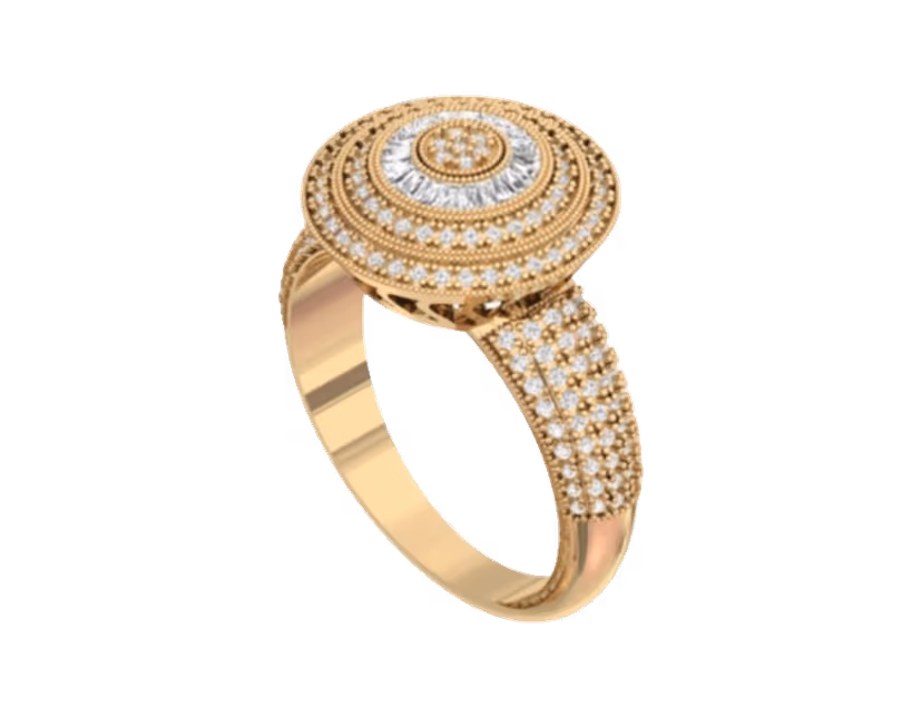 Round halo dome with a central pavé disc and ribbed gold side rays.