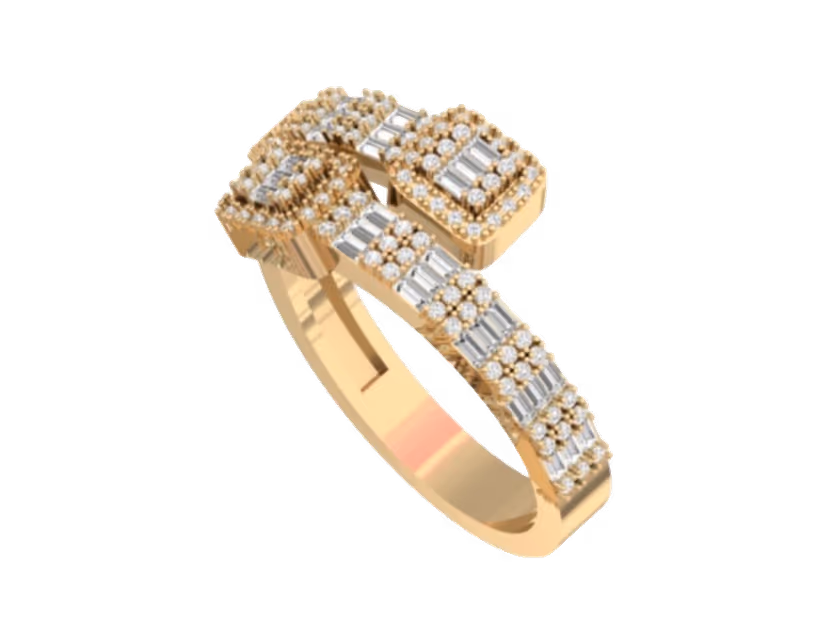 Raised pavé C signature on a sculpted baguette-and-pavé shank.