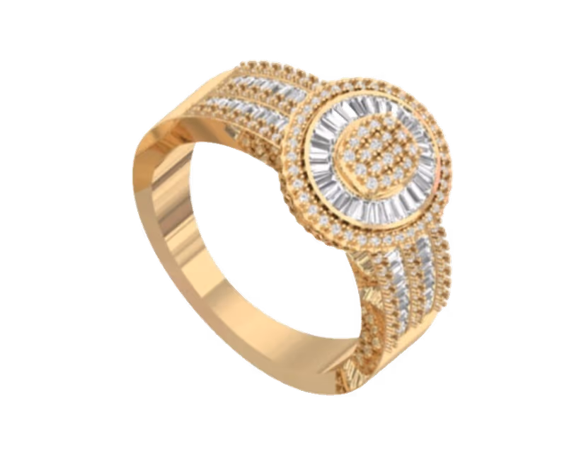 Round target-disc face with a baguette burst and scrolling pavé shoulders.