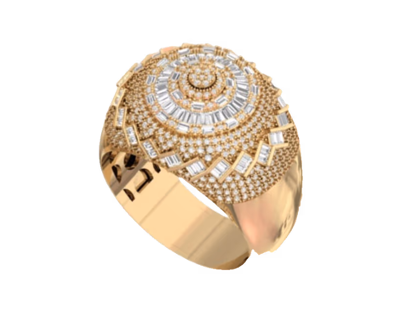 Domed sunburst signet with radiating baguette rays and bezel-set highlights.