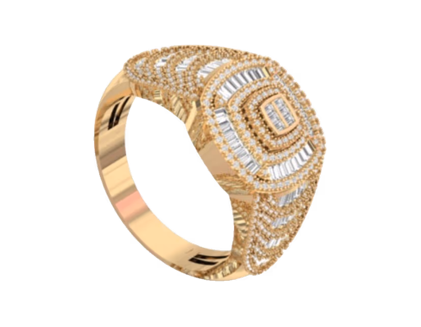 Layered cushion face with a centre baguette square and milgrain pavé halos.
