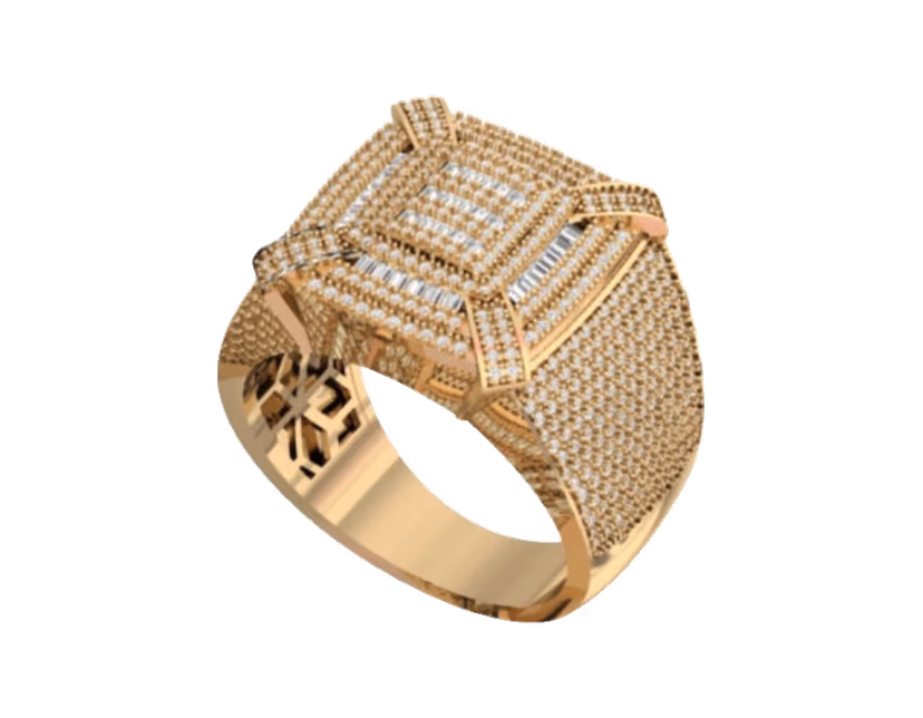 Square bordered baguette-grid plaque mounted on an extra-wide pavé band.