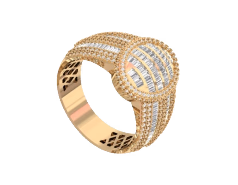 Oval ribbed baguette cluster on pavé shoulders with openwork side galleries.