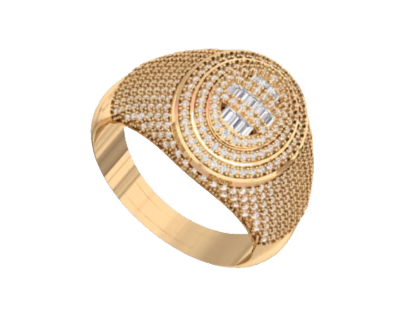 Concentric oval signet with a baguette centre on a sculpted pavé dome.