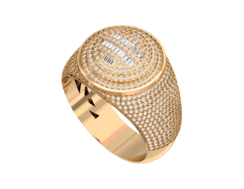 Oval iced signet with a raised baguette monogram on a dense pavé bed.