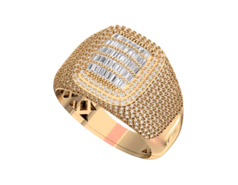 Square cushion with a baguette-stripe core flowing into rolling pavé shoulders.