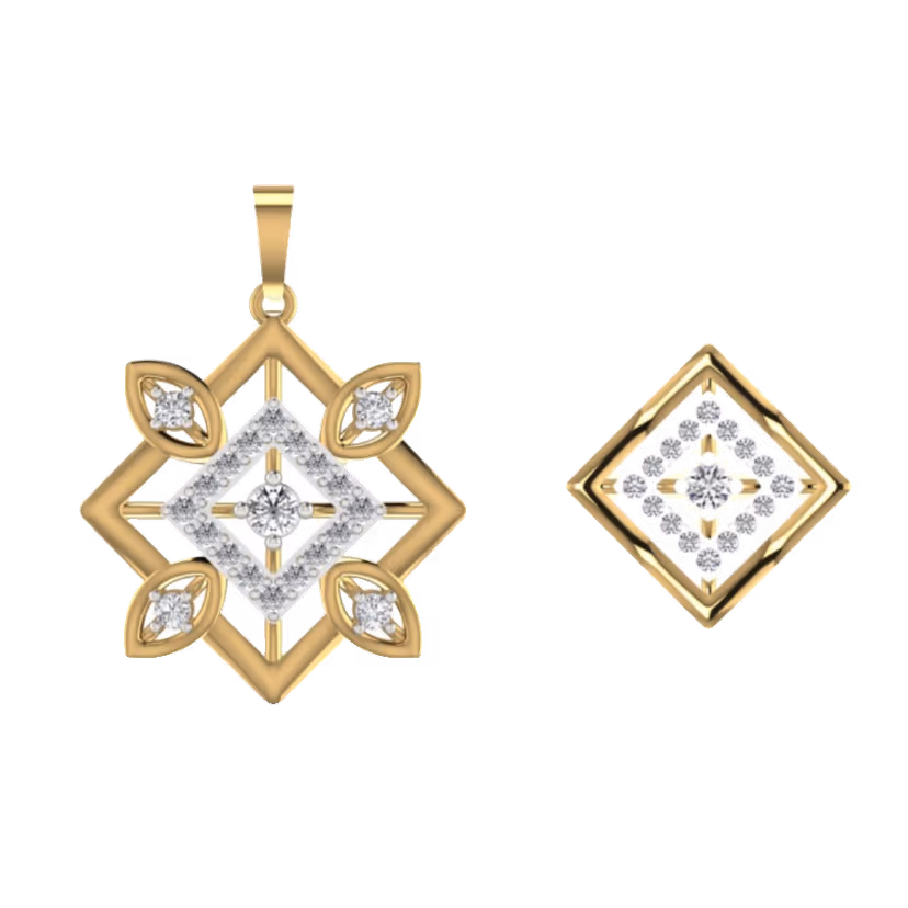 Tilted square pendant with pavé corners and open centre.