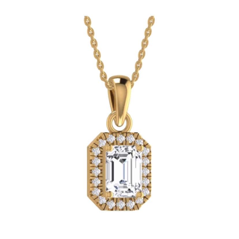 Round halo solitaire pendant on cable chain.
