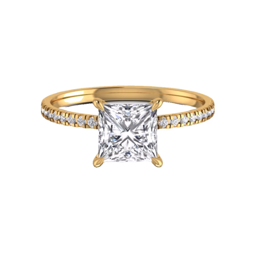 Round halo solitaire ring with pavé surround.