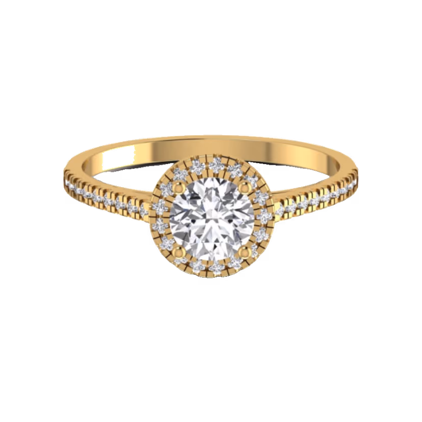Round halo ring with split shank and tapered shoulders.