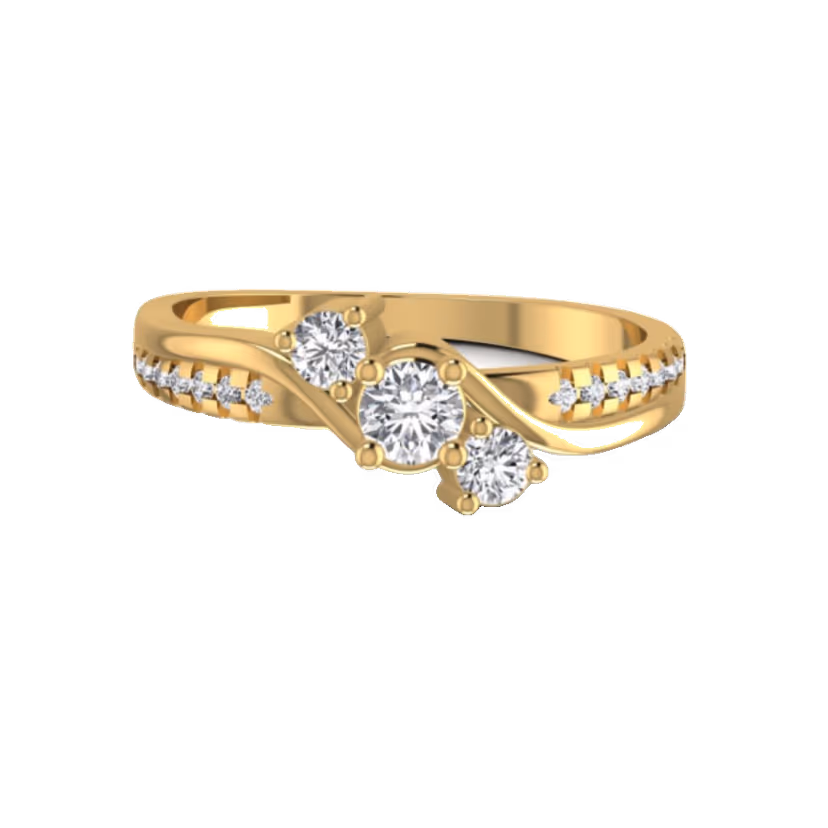 Three-stone round ring with bordered cushion frames.