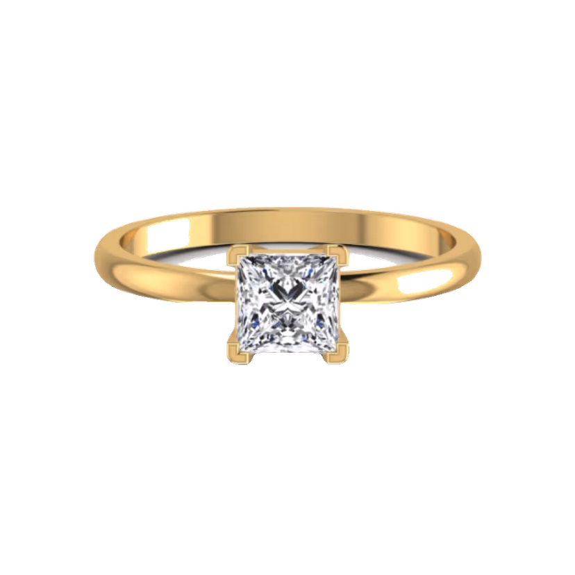 Round bezel solitaire ring on a tapered tubular band.