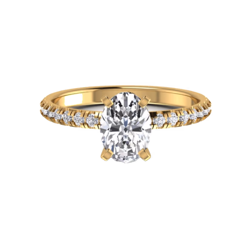 Round halo ring with continuous pavé shoulders.