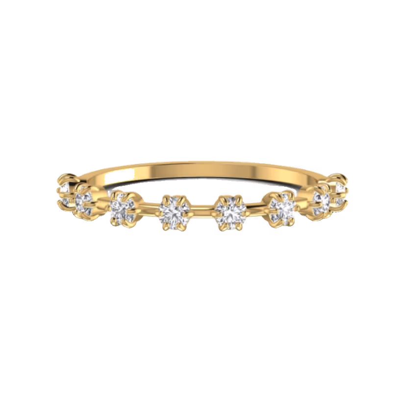 Round halo ring with thin tapered shank.
