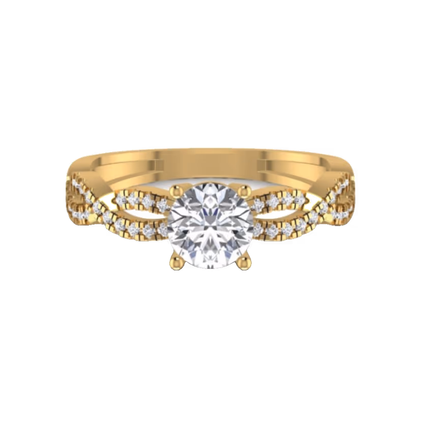 Round halo with split-shank shoulders and pavé crown ring.