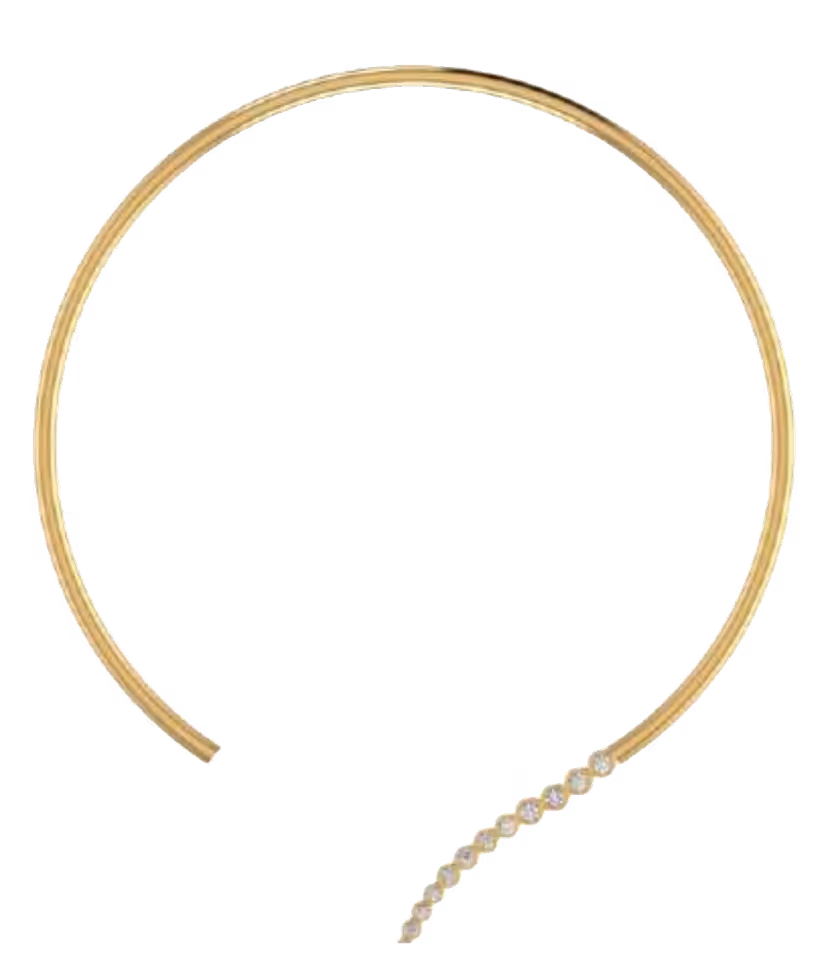 Rigid torque bangle-style diamond necklace with open-circle silhouette and front diamond station