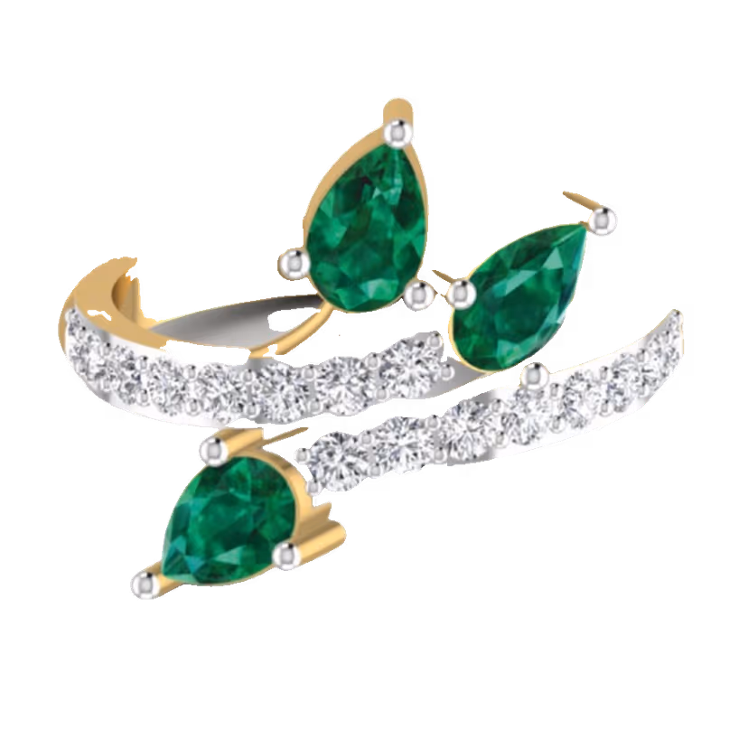 Round emerald solitaire ring with starburst pavé halo and tapered diamond shoulders.