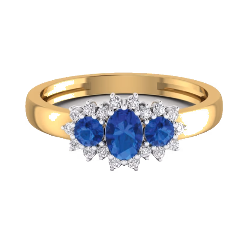 Three-stone oval sapphire trilogy ring with pavé cluster halos.