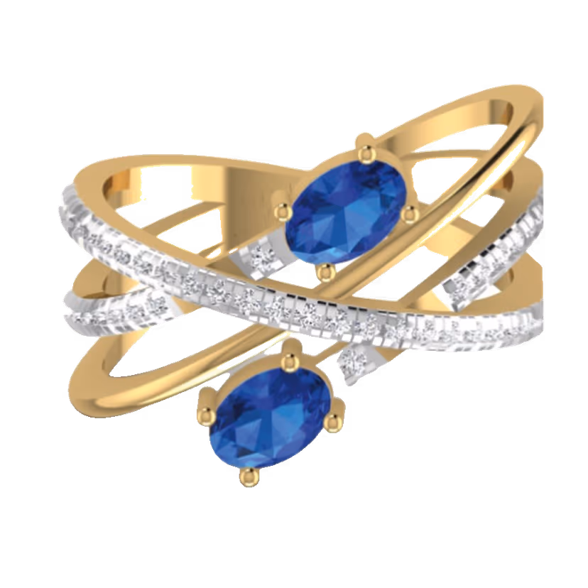 Twin pear sapphire ring with crossing diamond ribbon shanks.