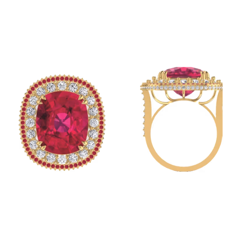 Cushion ruby centre cocktail ring with pavé scalloped halo and split shank.