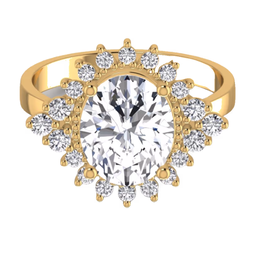 Emerald-cut diamond ring with cluster pavé halo and tapered shoulders.