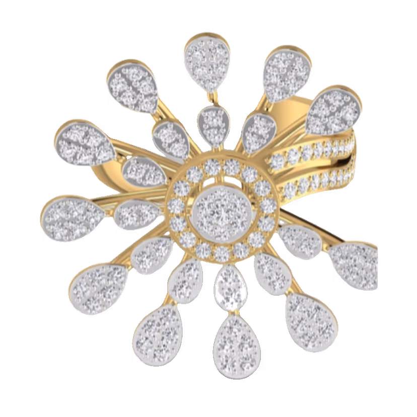 Round emerald cluster ring with floral pavé crown and pavé side stations.