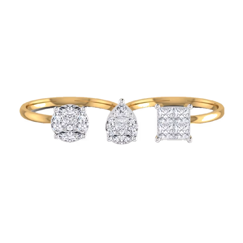 Three-stone princess diamond cluster cocktail ring on slim polished band.